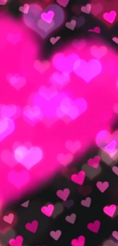 Vibrant pink heart pattern on black background wallpaper.