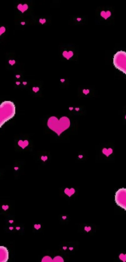 Mobile wallpaper with pink hearts on a black background.