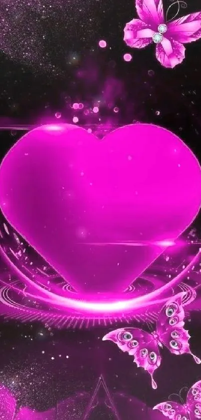 Bright pink heart with butterflies on a mobile wallpaper background.