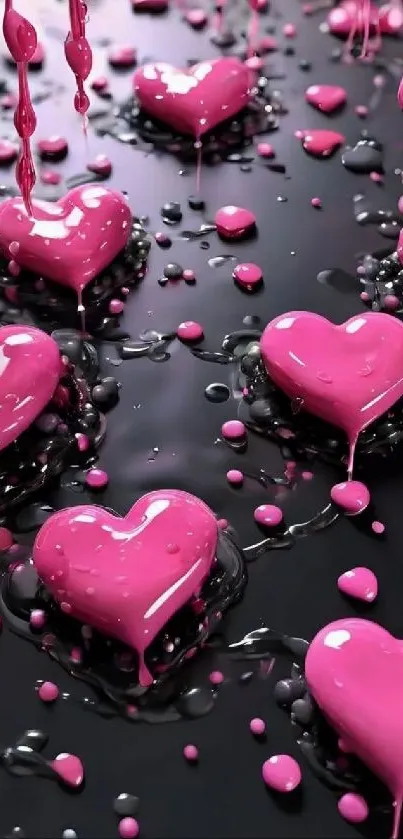 Glossy dripping pink hearts on black background.