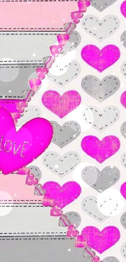 Love theme wallpaper with pink and gray hearts.