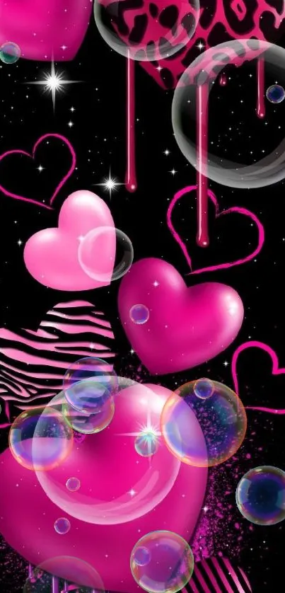 Vibrant mobile wallpaper with pink hearts and bubbles on a dark background.