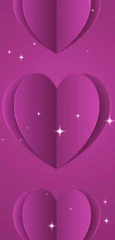 Mobile wallpaper of layered pink hearts on a vibrant magenta background.