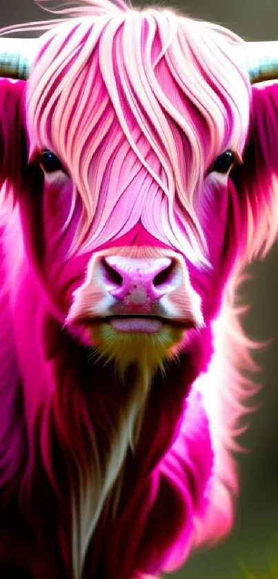 Vibrant pink Highland cow in digital art for wallpaper.