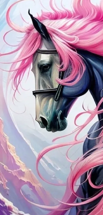 Fantasy art wallpaper of a majestic horse with a flowing pink mane.
