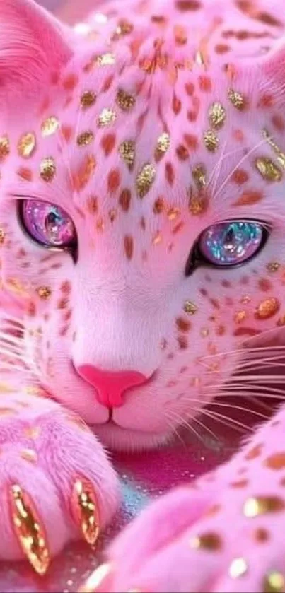 Pink leopard with golden accents and sparkling eyes.