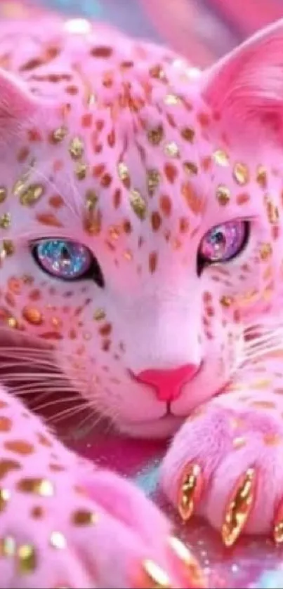 A vibrant pink leopard with glittering eyes and gold accents, perfect for wallpaper.