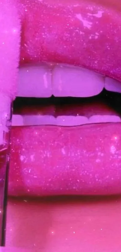 Close-up of glossy pink lips with lip gloss.