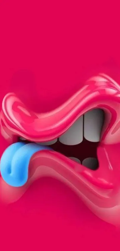 Artistic pink lips with a blue tongue on a vibrant wallpaper.