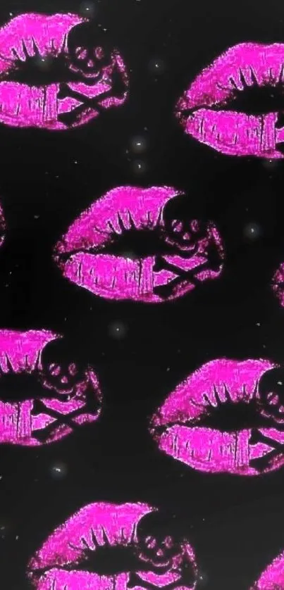 Vibrant pink lips pattern on a black background wallpaper.