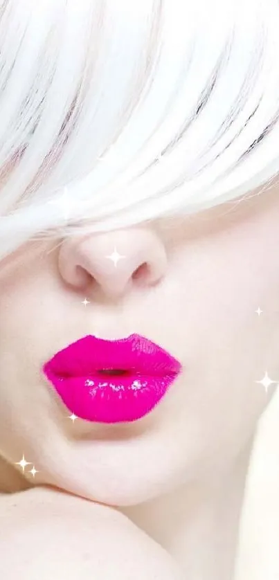 Pop art style with pink lips and white hair on a mobile wallpaper.