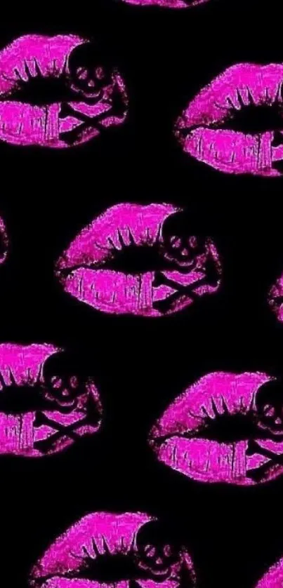 Vibrant pink lips pattern on black background mobile wallpaper.