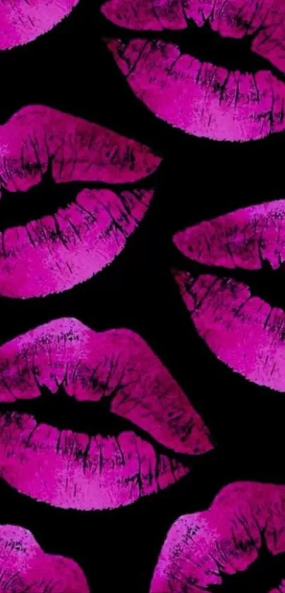 Pattern of vibrant pink lips on a black background.