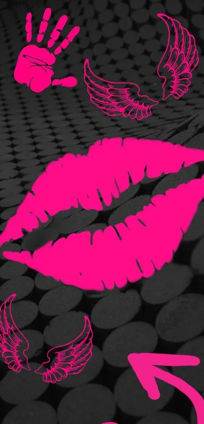 Abstract wallpaper with vibrant pink lips and icons on a dark background.