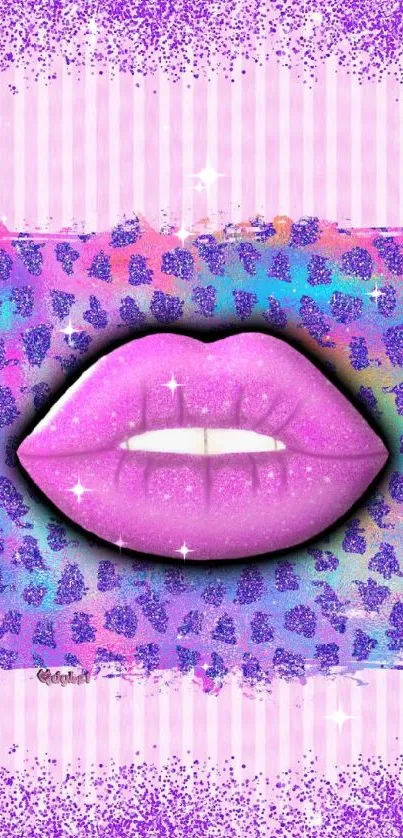 Colorful pink lips with glitter effect on a vibrant background.