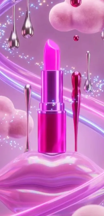 Vibrant pink lipstick surrounded by clouds and sparkles.
