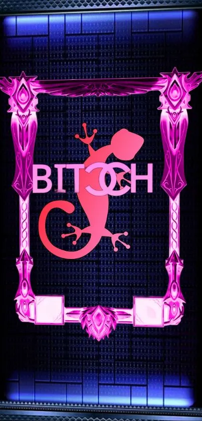 Pink lizard in a neon frame on dark background wallpaper.