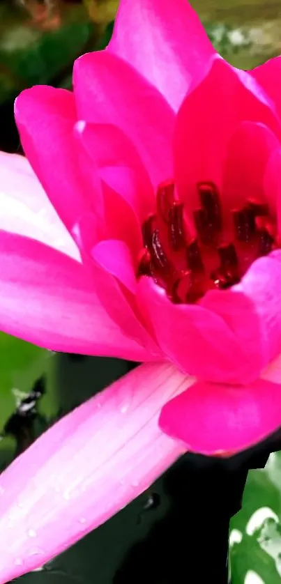 Vibrant pink lotus flower with green leaves wallpaper.