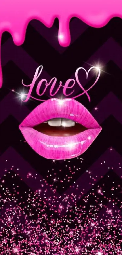 Glossy pink lips with love text and glitter background on wallpaper.