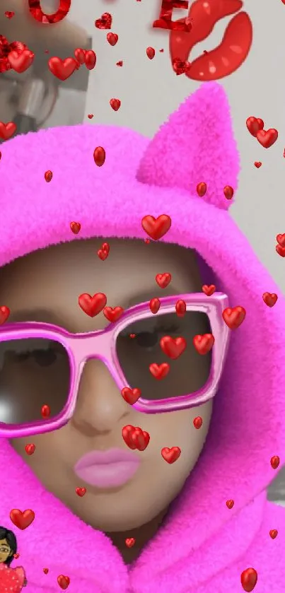 Chic pink hoodie with sunglasses and love theme in vibrant mobile wallpaper.