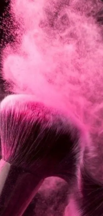 A vibrant pink makeup brush with blush powder explosion.