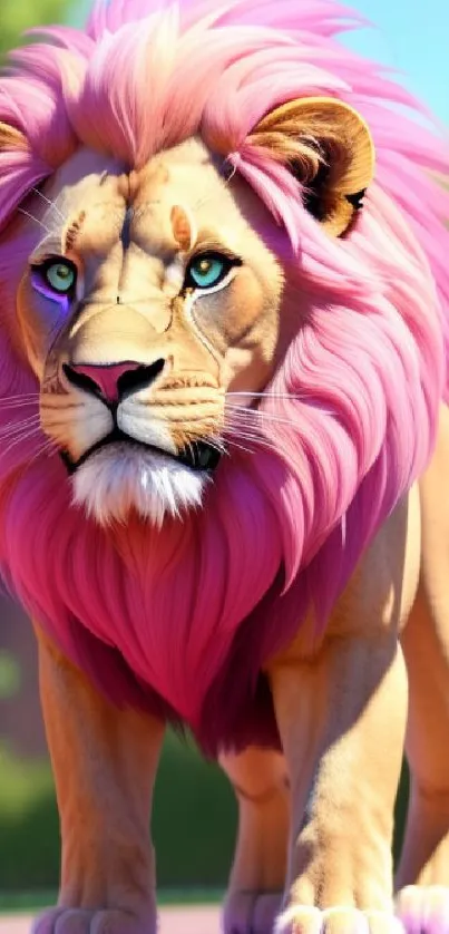 Lion with a vibrant pink mane in a natural setting.