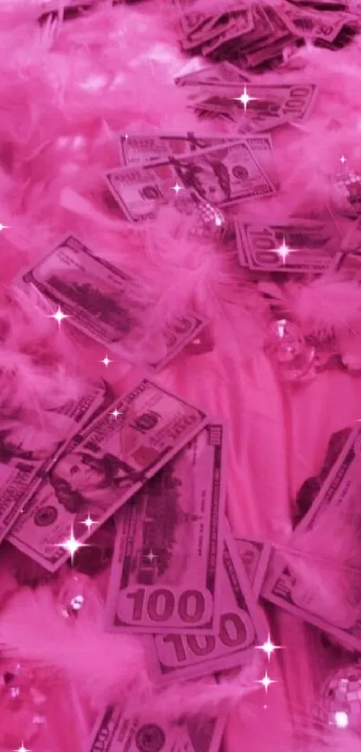 Pink wallpaper with dollar bills and diamonds, creating a luxurious vibe.