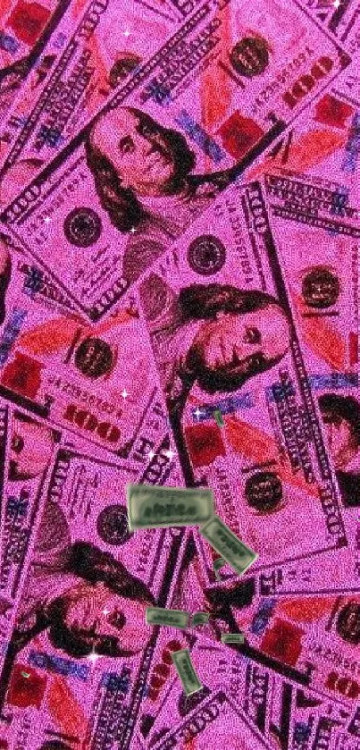 Vibrant pink hundred dollar bills wallpaper for a luxurious look.