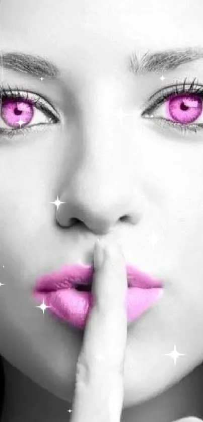 Wallpaper of woman with vibrant pink eyes and lips on a monochrome background.