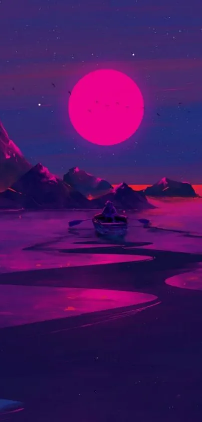 Vibrant pink moon over a tranquil river with a boat.