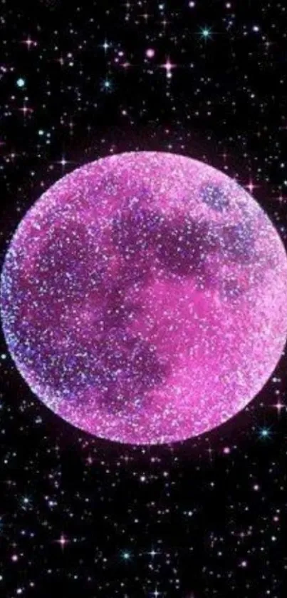 Vibrant pink moon with stars on a cosmic background.