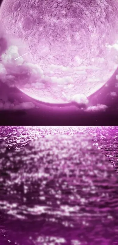 Vibrant pink moon over ocean under a magical night sky.