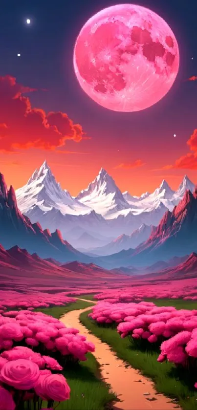 Pink moon over mountains and flowers wallpaper.