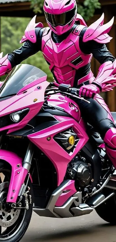 A vibrant pink motorcycle rider wearing full gear on a street motorcycle.