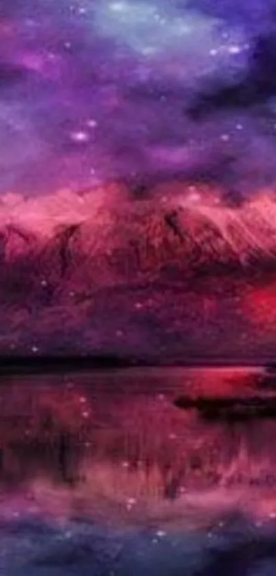 Vibrant pink and purple galaxy mountain wallpaper with stars.