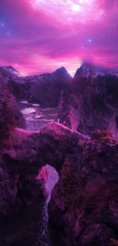 Purple mountain landscape with celestial sky above.