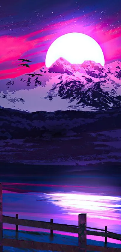 Vibrant pink sunset over snowy mountains.