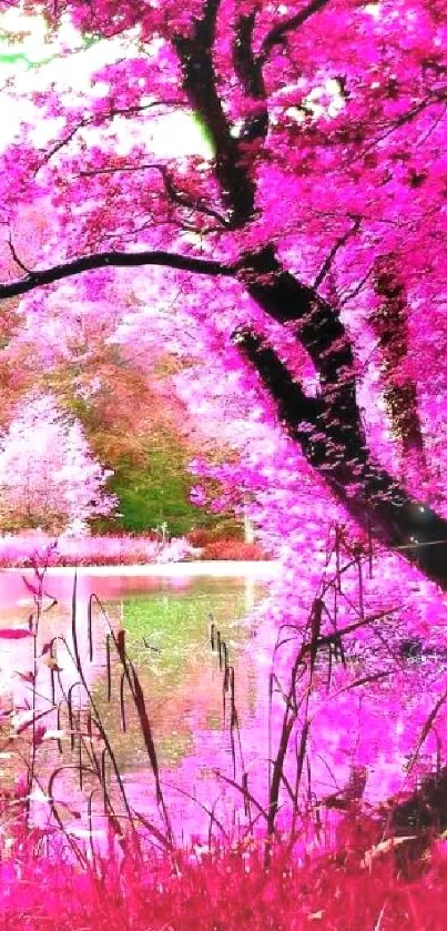 Vibrant pink tree by a serene lake.