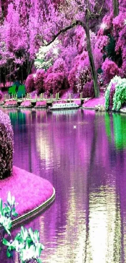 Vibrant pink nature scene with a river and trees.