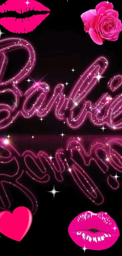 Bright pink neon Barbie wallpaper with lips and rose.