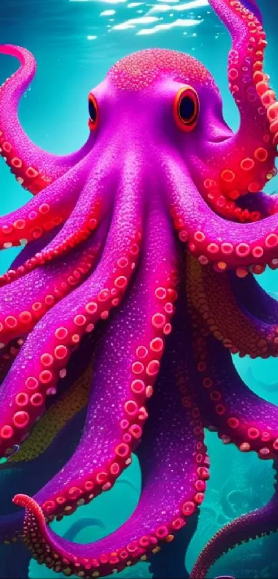 Vibrant pink octopus with a teal ocean background.