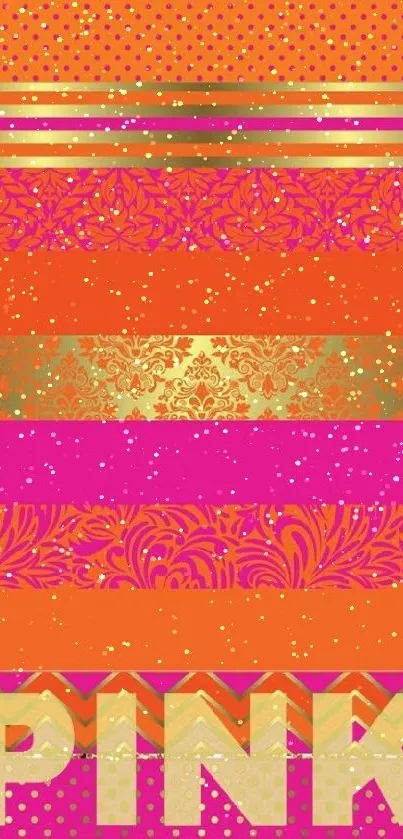 Vibrant pink and orange wallpaper with patterns and gold accents.