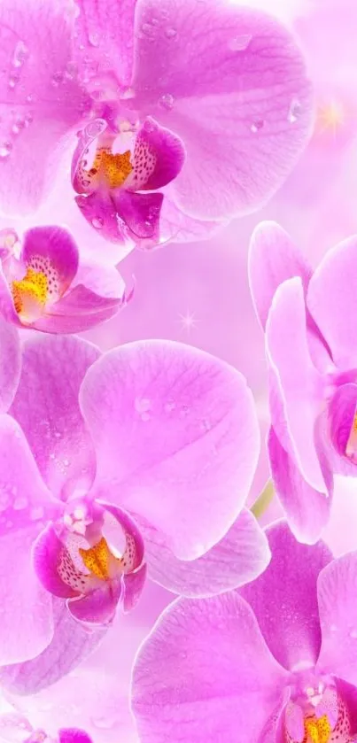 Vibrant pink orchids with dewdrops on petals.