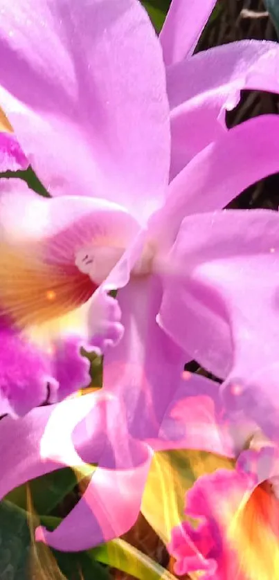 Pink orchid blossoms with lush green leaves.