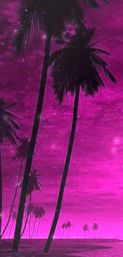 Magenta sky with black palm silhouettes on a tropical beach.