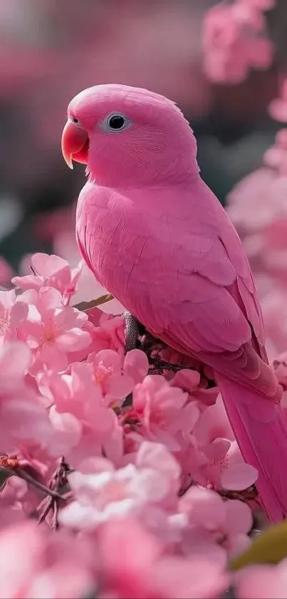 Pink parrot sitting among pink blossoms.