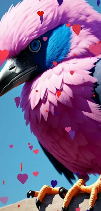 A vibrant pink parrot perched against a blue sky.