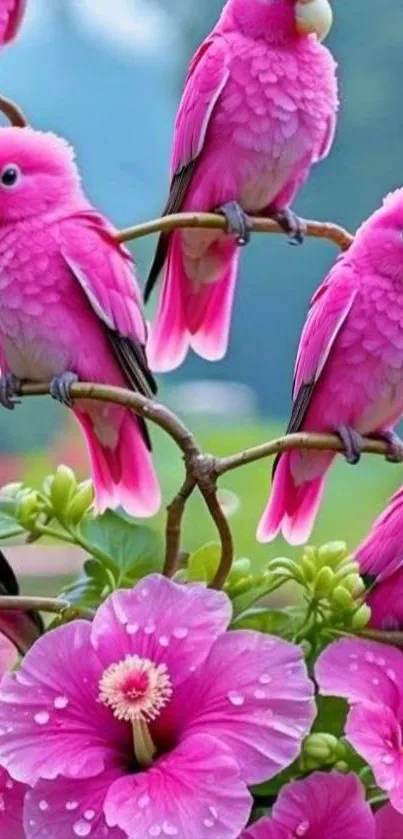 Vibrant pink parrots perched on branches amid lush flowers.