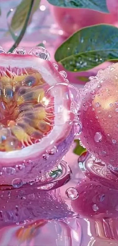 Pink passion fruit with vibrant, fresh droplets.