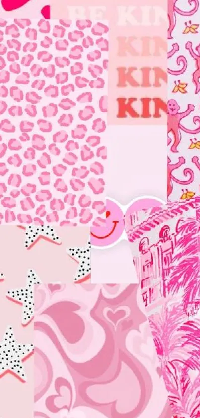 Vibrant pink collage wallpaper with stars and monkeys.